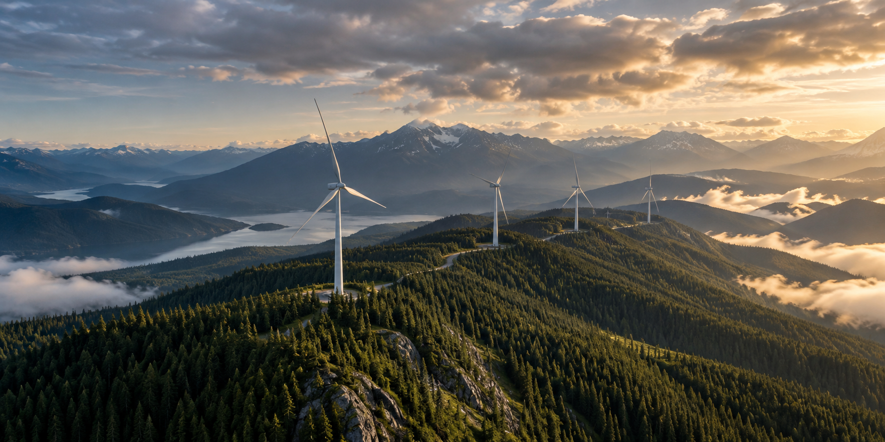 Wind turbines above a forested mountain ridge at golden hour